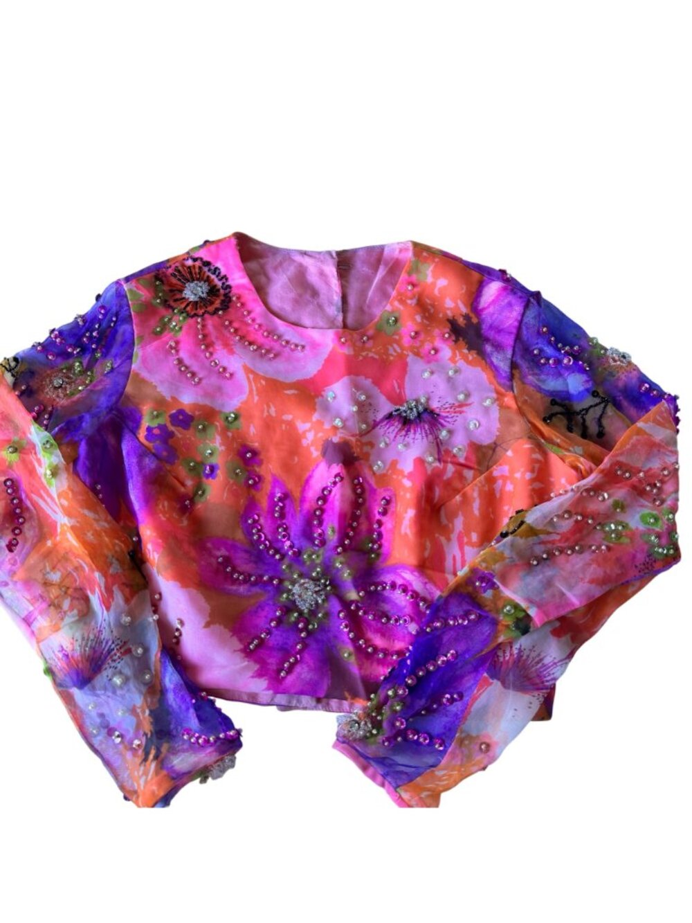 Miss Elliette California Hand-Beaded Floral Crop Blouse Sheer Sleeves Vtg 60s - Picture 9 of 16